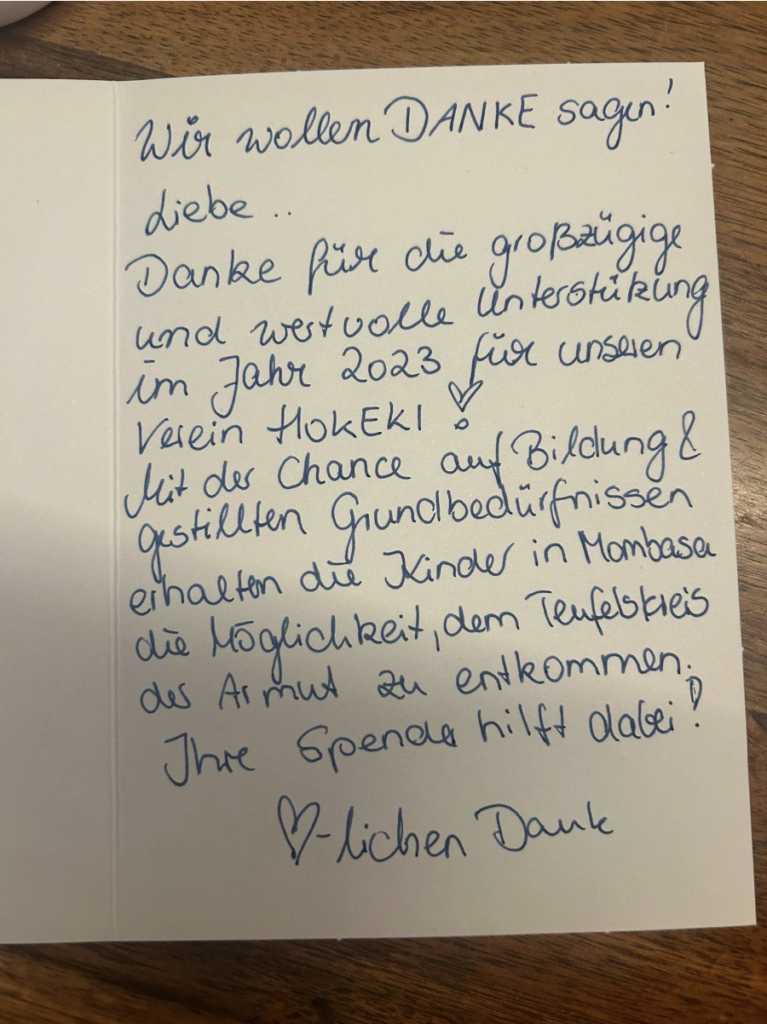 Handgeschriebene Dankeskarte des HOKEKI e.V. an die Spenderinnen und Spender