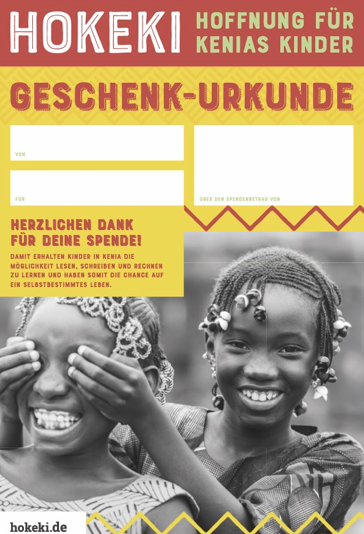 Geschenk-Urkunde des HOKEKI e.V. als Dankeschön für eine Spende, mit zwei lachenden Mädchen aus Kenia