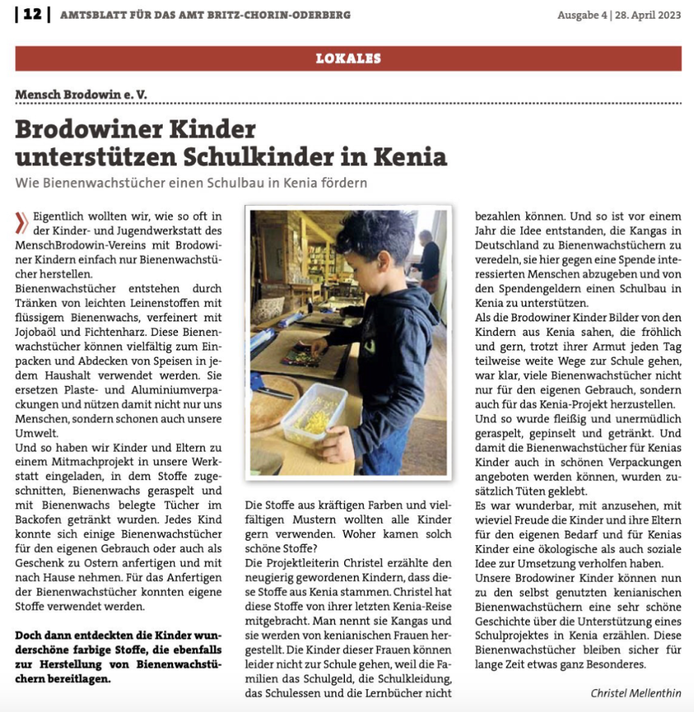 Zeitungsartikel „Brodowiner Kinder unterstützen Schulkinder in Kenia“ über die Wachstuch-Aktion