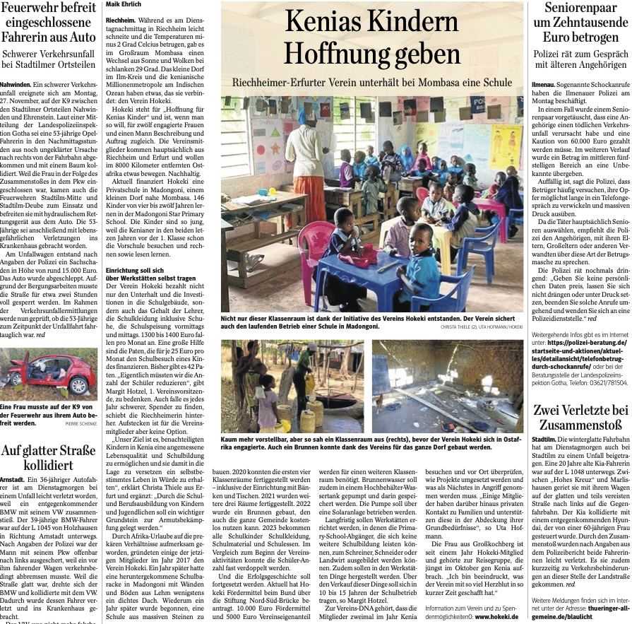 Zeitungsartikel der Thüringer Allgemeinen über die Arbeit des HOKEKI e.V. in Kenia